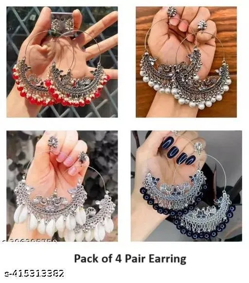 Pack of 4 Silver Oxidised Combo Earrings
