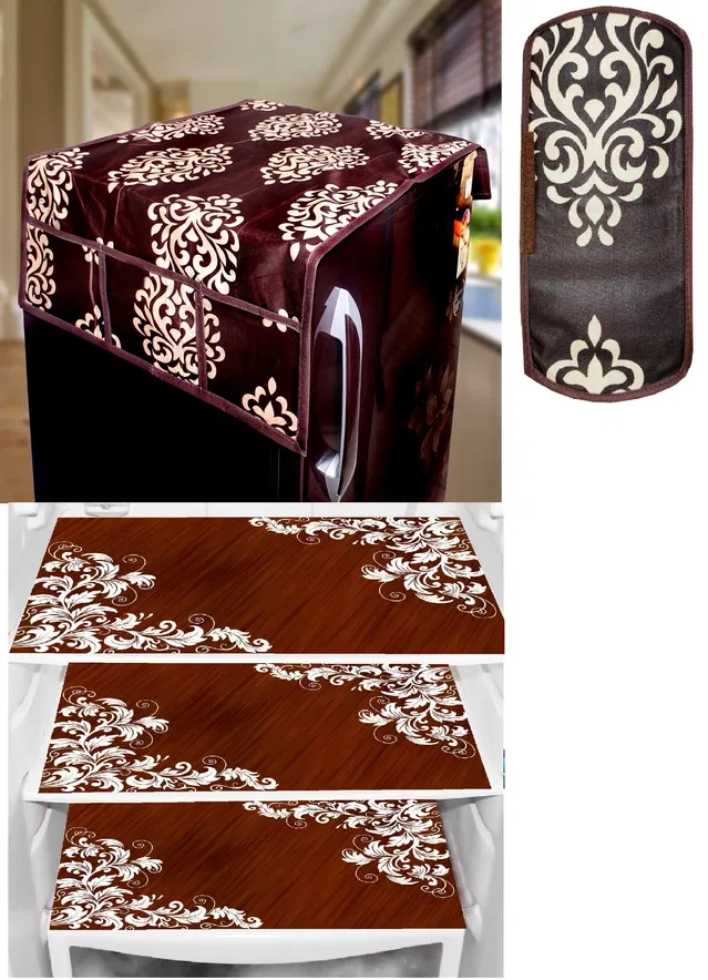 PVC Printed Fridge Top Cover with 3 Pcs Shelf Mats & Handle Cover (Multicolor, Set of 1)