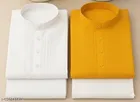 Cotton Solid Kurta Set for Men, White & Yellow 