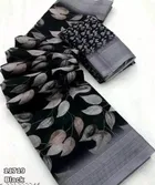 Linen Printed Saree for Women (Black & Grey, 6.3 m)