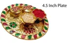 Combo of 3 Pcs Rakhi, 4.5 inch Plate, Greeting Card, Roli Chawal & 3 Pcs Chocolate 