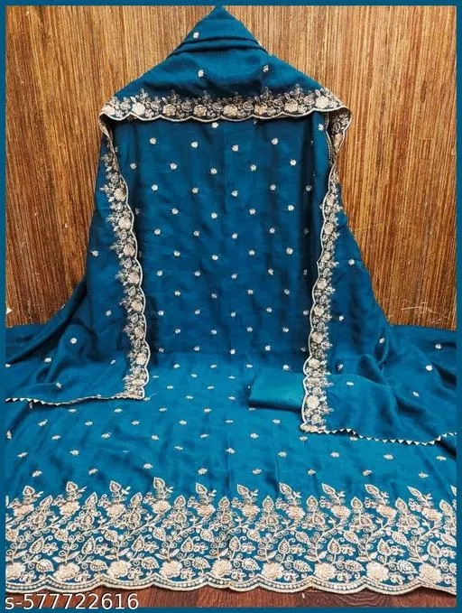 Embroidered Rajputi Vichitra Silk 5.85 meter (Blue, 6.85 meter (3XL)