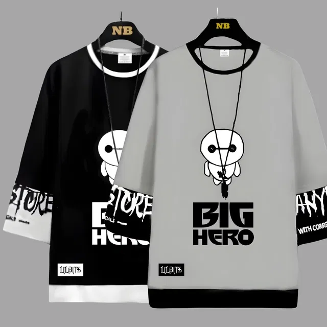Round Neck Printed T-Shirts for Boys (Black & Grey, 8-9 Years) (Pack of 2)