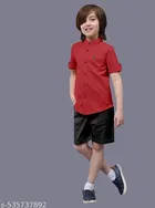 Solid Cotton Blend Mandarin Collar Short Sleeve Shirt for Boys 