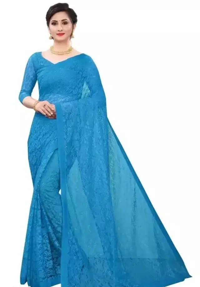Net Floral Saree for Women (Aqua Blue, 6.3 m)