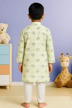 Cotton Blend Printed Kurta with Payjama for Boys, Green & White 