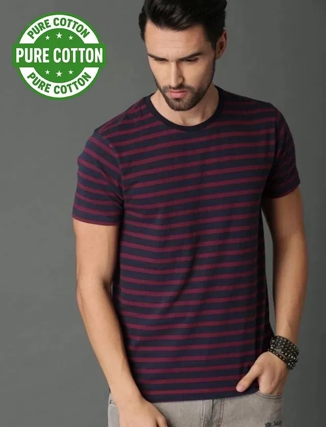 Round Neck Striped T-Shirt for Men (Maroon & Blue, XL)