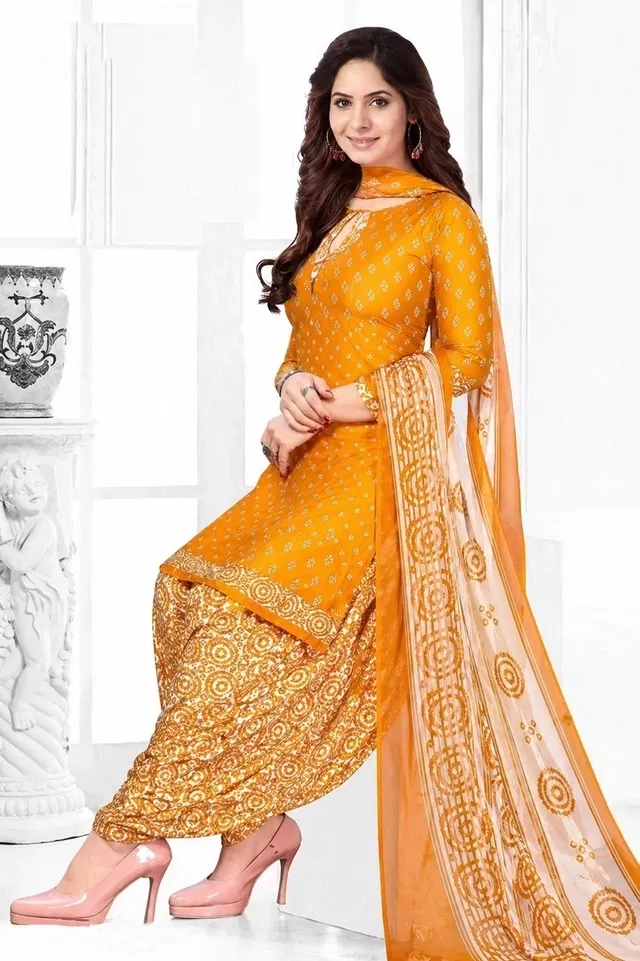 Punjabi Floral Unstitched Suit for Women (Orange, Free size)