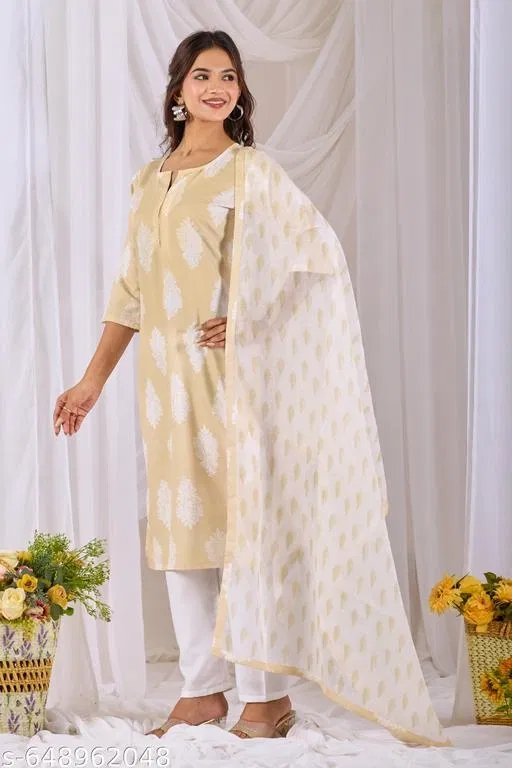 Kurta Set for Women (Beige, L)