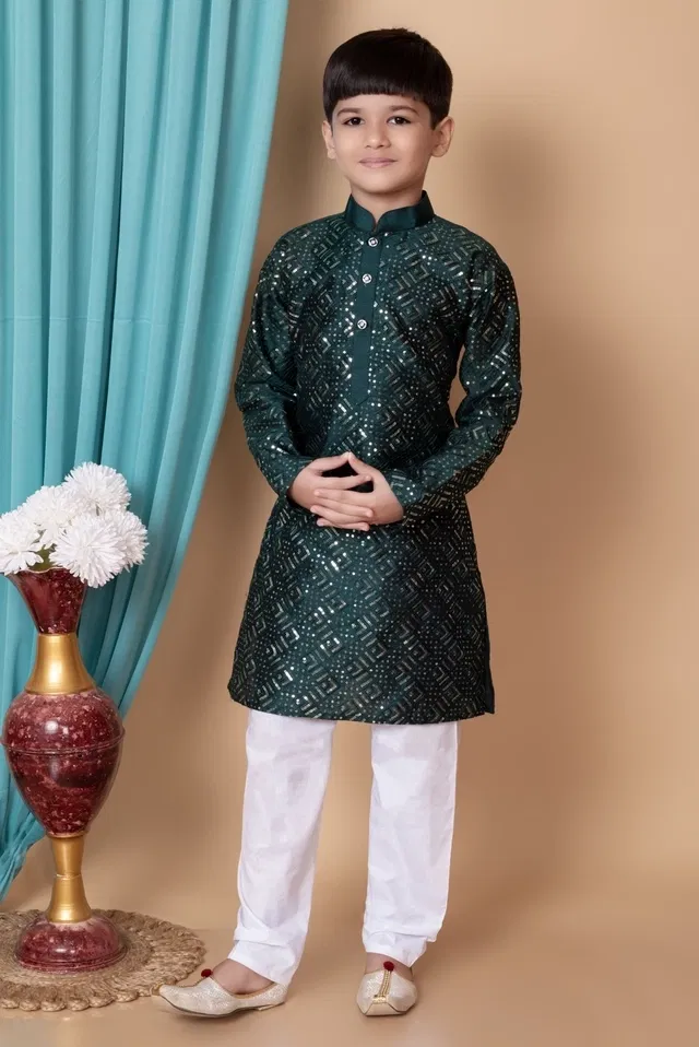Dupion Silk Embellished Kurta with Payjama for Boys, Bottle Green & White (8-9 Years)