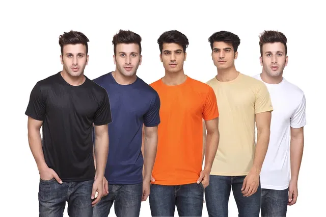 Round Neck Solid Polyester T-shirts for Men, Pack of 5 (Multi, XL)
