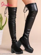 Shoetopia Solid Synthetic Heeled Boots Black 