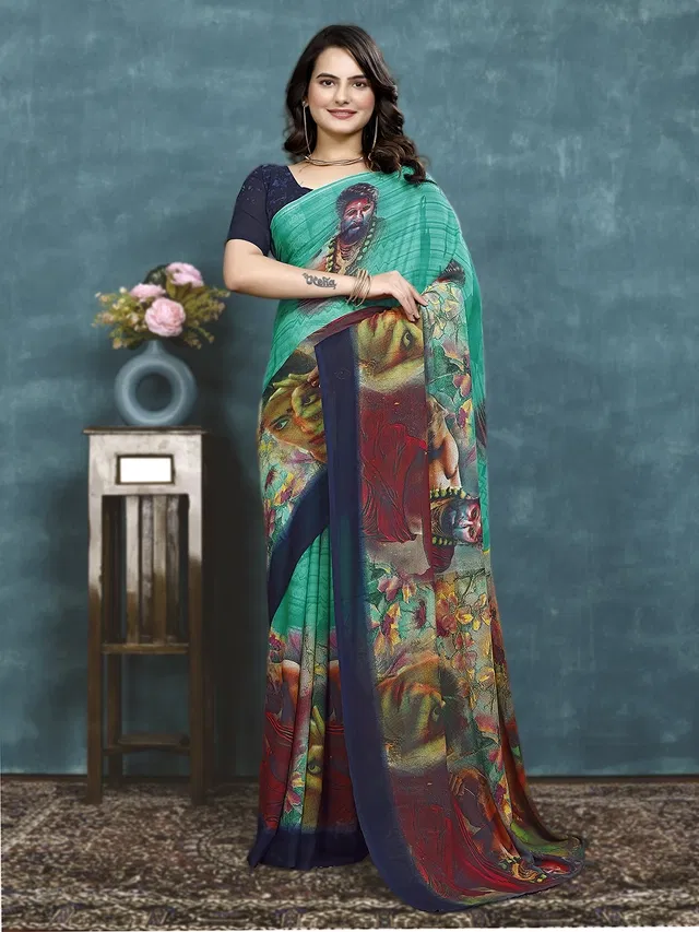 Georgette Printed Saree for Women (Navy Blue, 6.3 m)