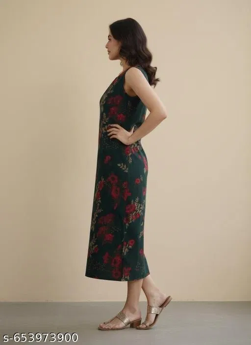 Floral Printed Kurti for Women (Green, XL)