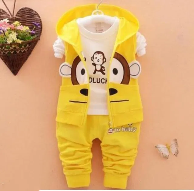 Hosiery Printed T-Shirt with Jacket & Pant Set for Kids (Yellow & White, 12-18 Months)