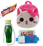 Combo of Fabric School Bag, Water Bottle with Lunch Box for Kids 