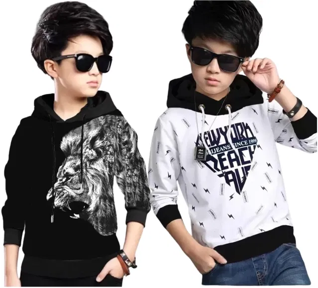Cotton Blend Printed Hoodies for Boys (Black & White, 14-15 Years) (Pack of 2)