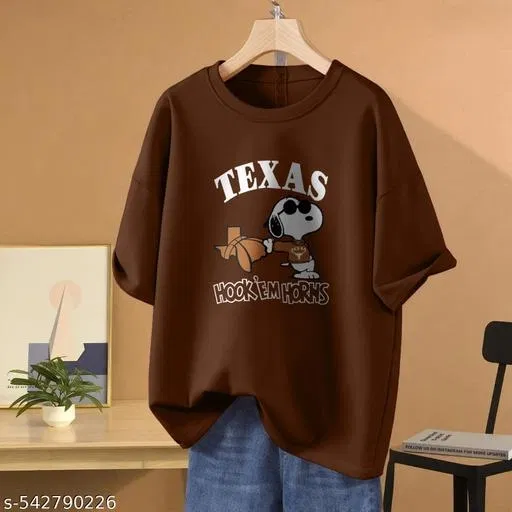 Cotton Blend Printed T-shirt for Women, Brown (M)