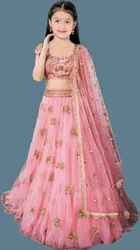 Net Embroidered Semi Stitched Lehenga for Girls 