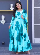 Crepe Printed Gown with Dupatta for Women (Aqua Blue, S)