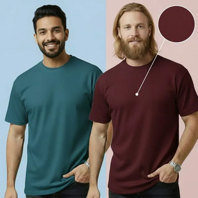 Polyester Round Neck T-shirt for Men, Multicolour, Pack of 2 (L)