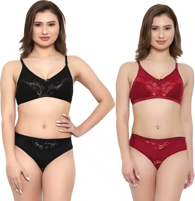 Silk Blend Lingerie Set for Women (Black & Maroon, 36) (Set of 2)