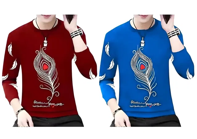 Round Neck Printed T-Shirt for Men (Royal Blue & Maroon, S) (Pack of 2)
