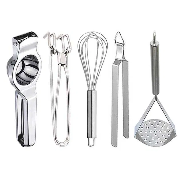 Stainless Steel Lemon Squeezer & Pakkad & Egg Whisk & Roti Chimta & Potato Masher For Kitchen (Set of 5) (OC-073)