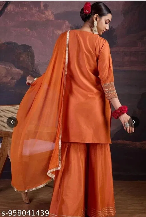 Designer Kurti Gharara Set for Women (Orange, XXL)