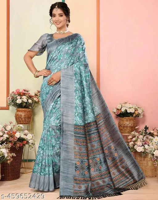 Art Silk Printed Saree for Women, Sky Blue (6.3 m)