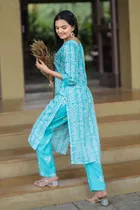 Cotton Blend Printed Kurta with Pant for Women 