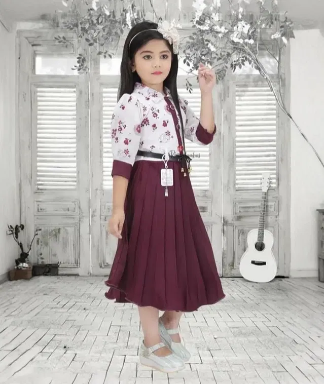 Cotton Blend Frock for Girls (Wine & White, 1-2 Years)