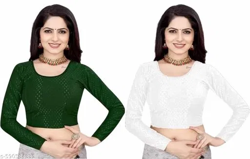 Lycra Ready Made Blouse for Women, Green & White , Pack of 2 (30)