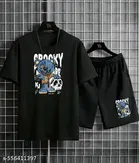 Cotton Blend Printed Top & Bottom Set for Men, Black 