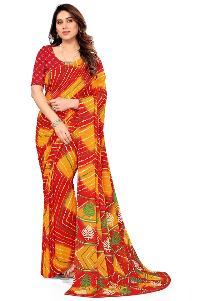 Georgette Printed Saree for Women (Red, 6.3 m)
