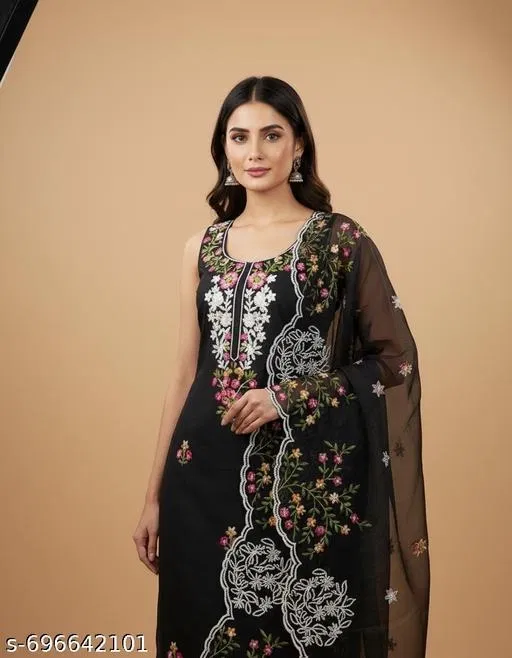 Jaipuri Style Kurti for Women (Black, Un Stitched)
