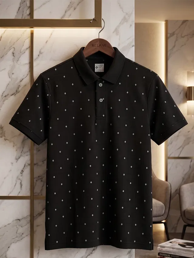 Printed Polo T-shirt for Men (Black, L)