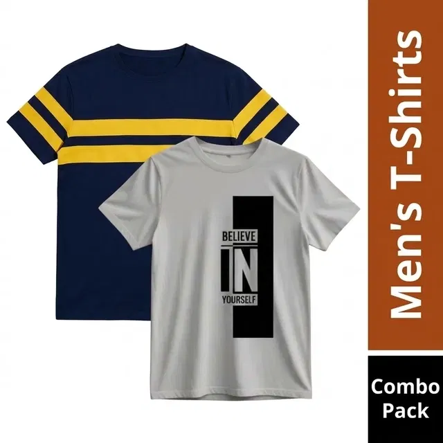 Round Neck Printed T-Shirt for Men, Combo Pack of 2, Grey & Blue, XXL