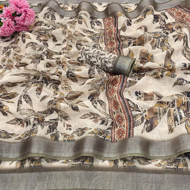 Linen Printed Saree for Women, Multicolor (6.3 m)