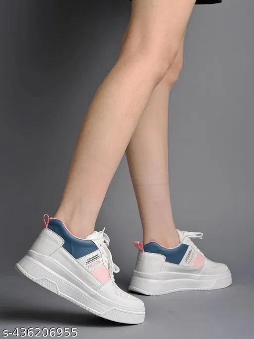 Solid Synthetic Sneakers for Girls (White, 13-14 Years)