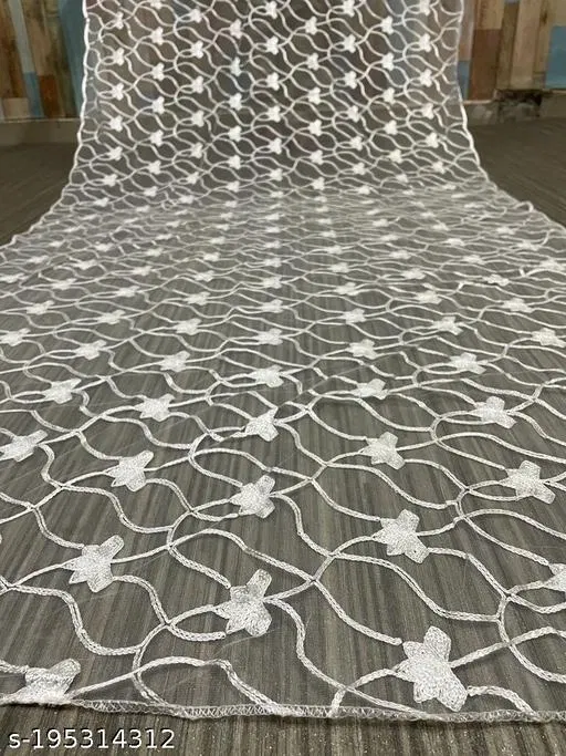 Floral Sequinned Embroidered Net Dupatta for Women (White, Free Size)