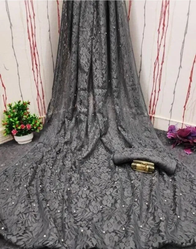Net Solid Saree for Women (Grey, 6.3 m)