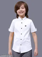 Solid Cotton Blend Mandarin Collar Short Sleeve Shirt for Boys 