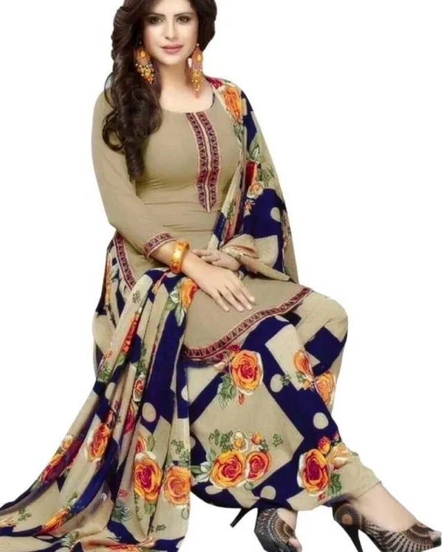 Crepe Bandhani for Women Unstitched Suits (Beige, Free Size)