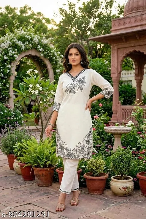 Embroidered Straight Kurta Set for Women (White, XL)