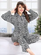 Velvet Printed Nightsuit for Women (White & Black, M)