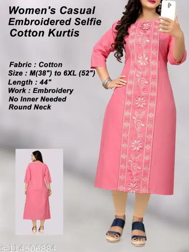Cotton Blend Embroidered Kurti for Women (Pink, L)