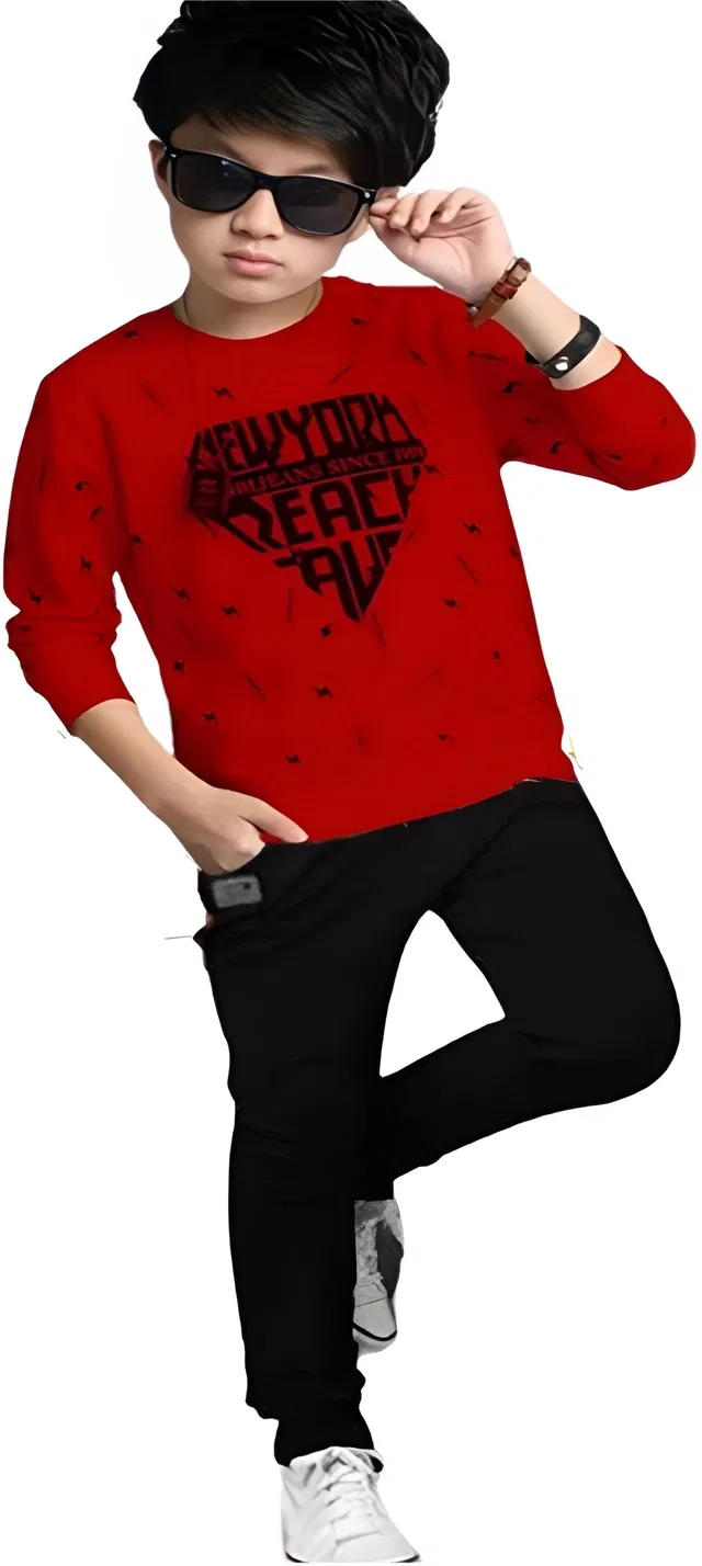 Cotton Blend Clothing Set for Boys (Red & Black, 11-12 Years)