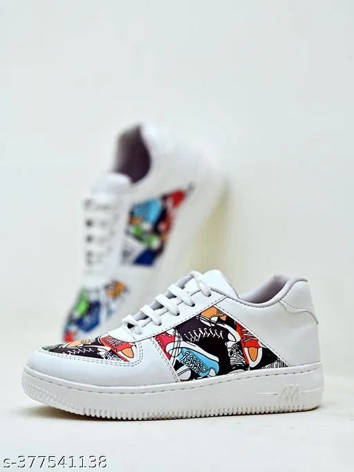 Printed Synthetic Sneakers for Girls (White, 11-12 Years)