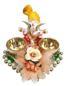 Metal Decorative Ganpati Haldi Kumkum Stand with 2 Roli Chawal Holder, Multicolor